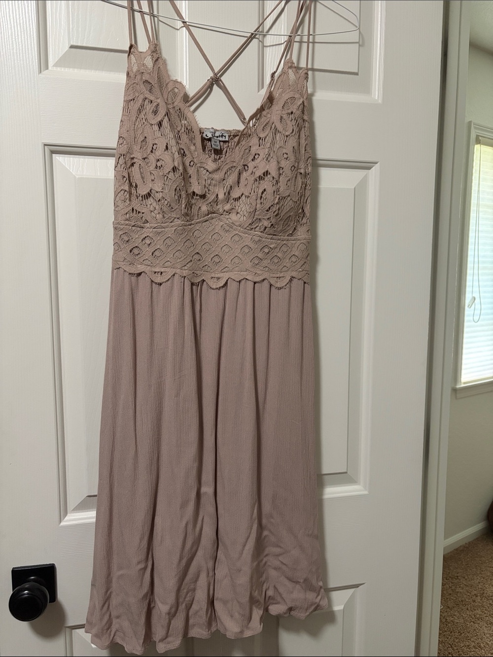J for Justify Taupe Lace Bodice Mini Dress with Crisscross Straps